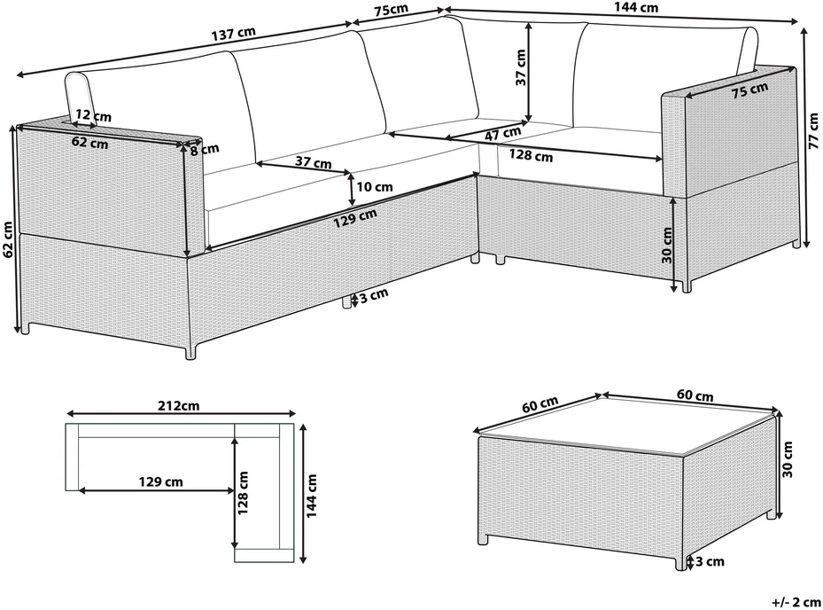 Lauko baldų komplektas Beliani Sodo kampinė sofa su stalu AVOLA, kairinė, kreminė balta, technorotangas