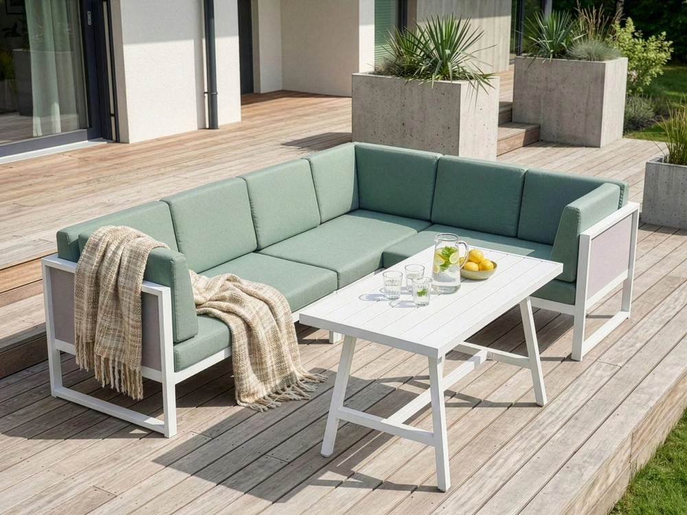 Lauko baldų komplektas Beliani Sodo kampinė sofa su stalu 6 asmenims CASTELLA/FRATTE kairinė, žalia, metalinė
