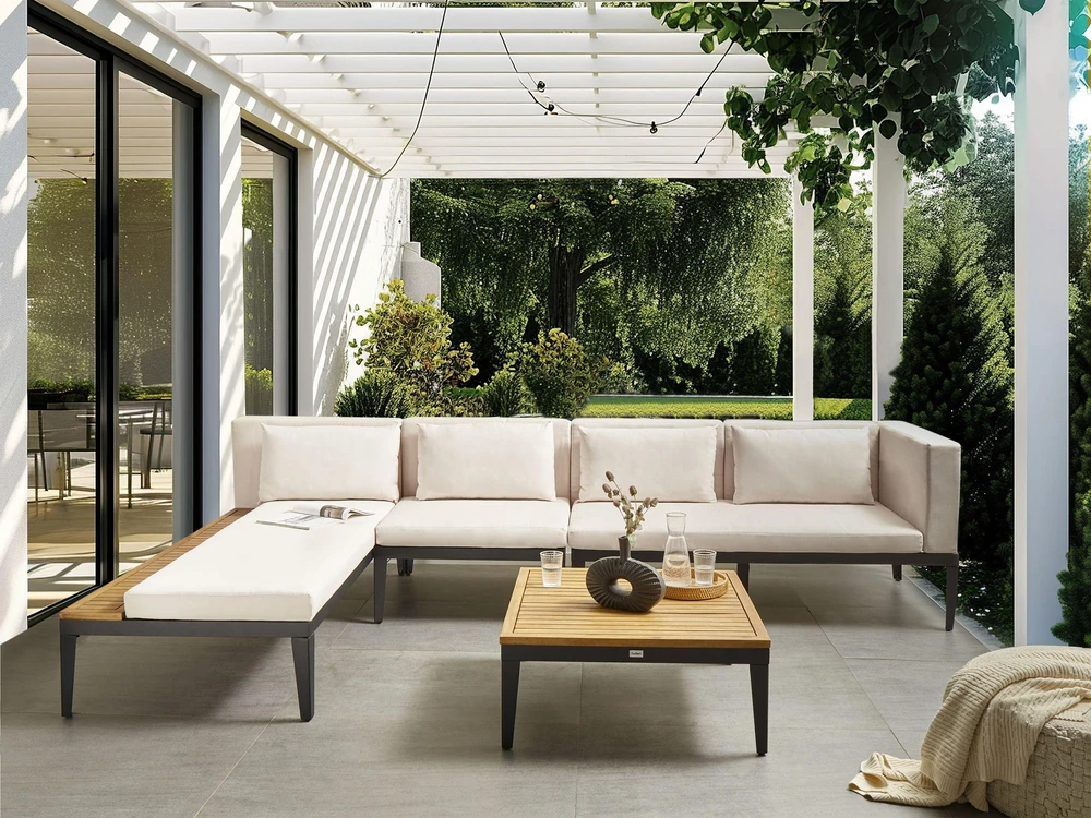 Lauko baldų komplektas Beliani Sodo kampinė sofa su staliuku 4 asmenims BRACCIANO dešininė, šviesiai smėlio spalvos, sertifikuota akacijos mediena