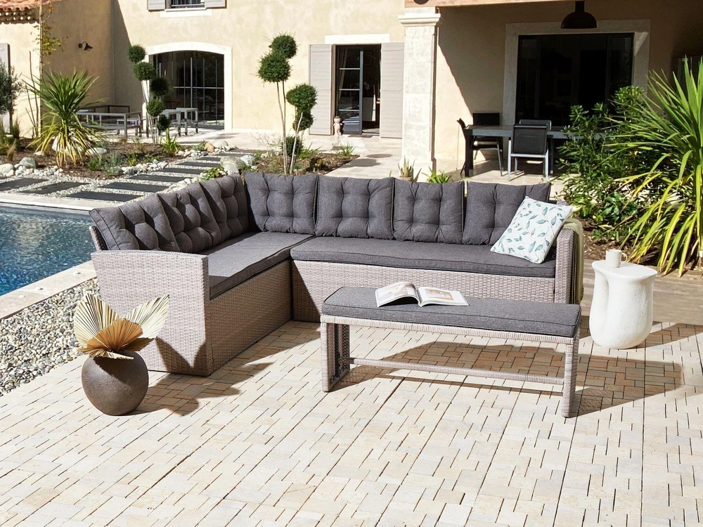 Lauko baldų komplektas Beliani Sodo kampinė sofa VITERBO, 8 vietų, pilka, technoratanas