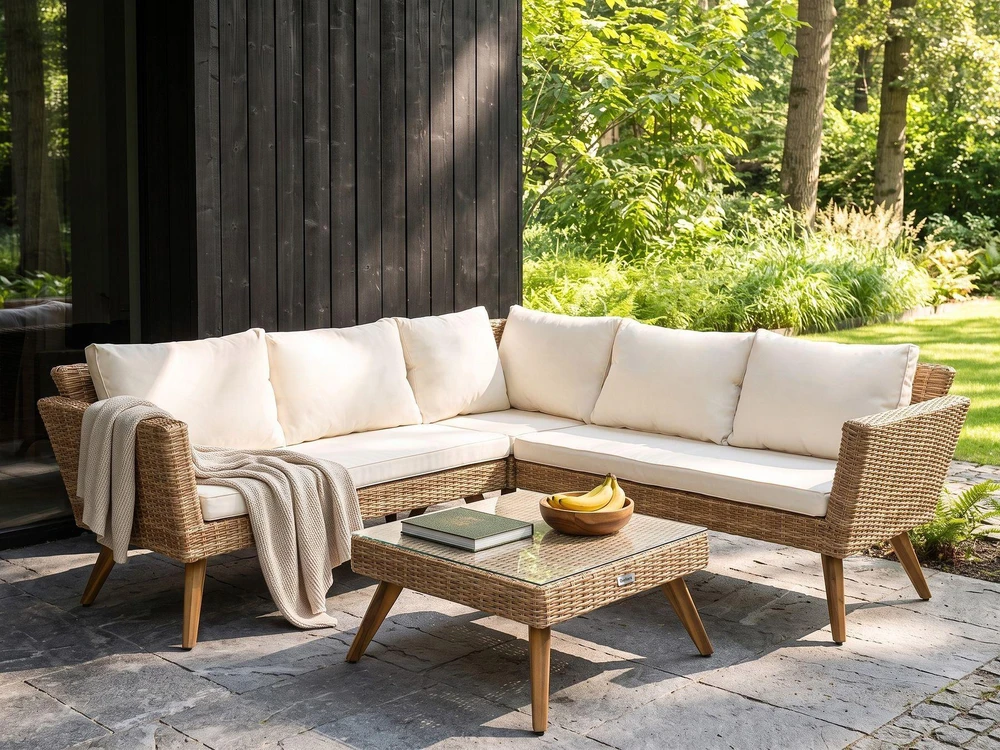 Lauko baldų komplektas Beliani Sodo kampinė sofa su staliuku 6 asmenims VITTORIA technoratanas, kreminė balta