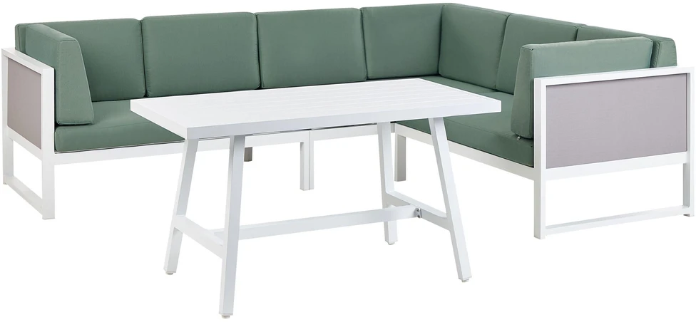 Lauko baldų komplektas Beliani Sodo kampinė sofa su stalu 6 asmenims CASTELLA/FRATTE kairinė, žalia, metalinė