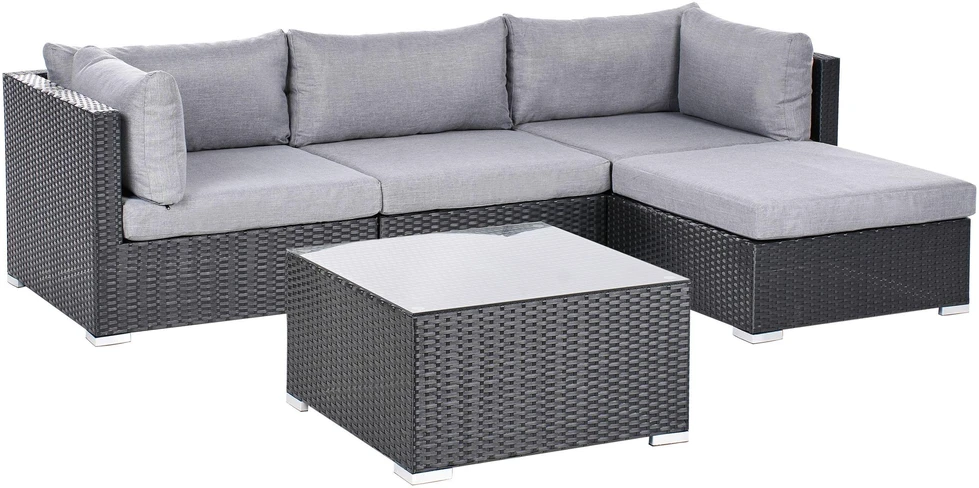 Lauko baldų komplektas Beliani Sodo kampinė sofa su staliuku 4 asmenims SANO kairinė, juodos spalvos technoratanas