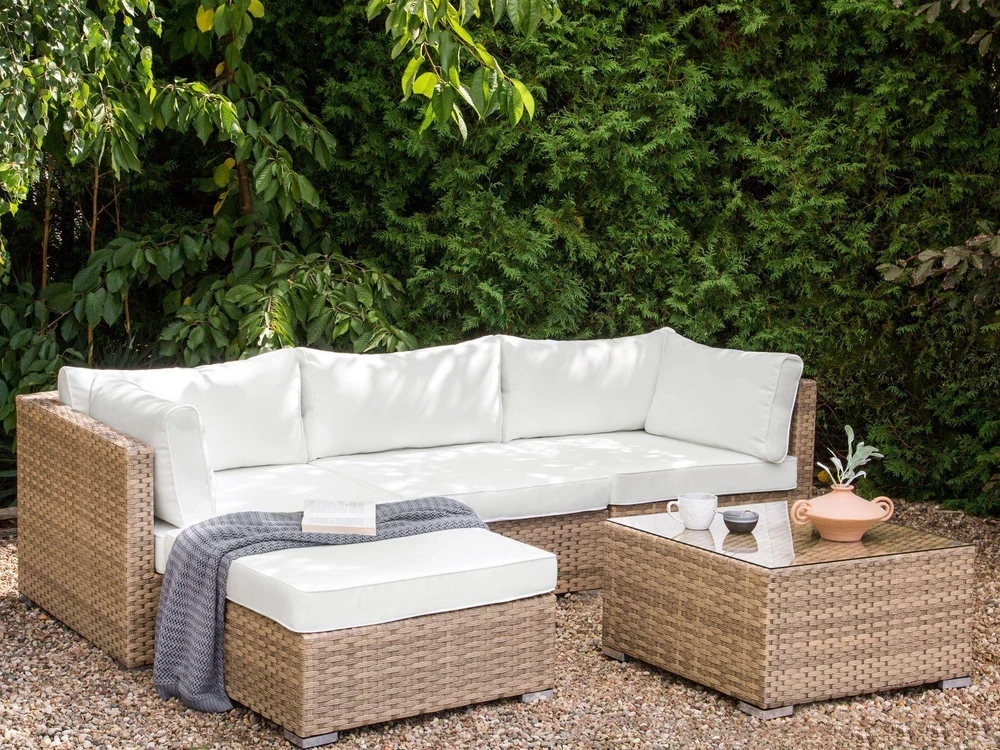 Lauko baldų komplektas Beliani Sodo kampinė sofa su staliuku 4 asmenims SANO dešininė natūralus technratanas modulinė