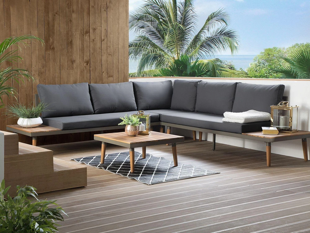 Lauko baldų komplektas Beliani Sodo kampinė sofa su staliuku 5 asmenims CORATO pilka akacijos mediena