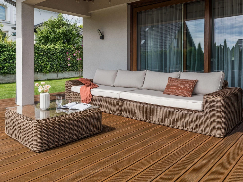 Lauko baldų komplektas Beliani Sodo kampinė sofa su otomane 6 asmenims PALERMO, ruda, technoratanas, modulinė