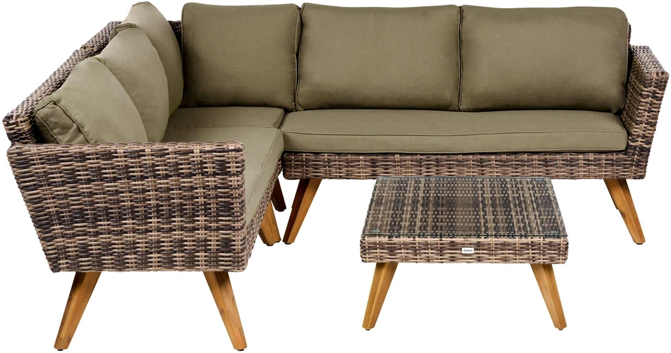 Lauko baldų komplektas Beliani Sodo kampinė sofa su staliuku 6 asmenims VITTORIA iš technorattano, alyvuogių spalvos