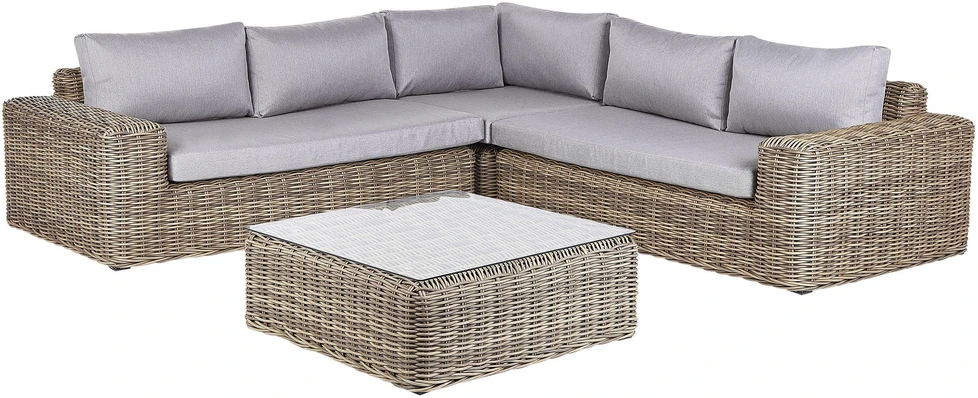 Lauko baldų komplektas Beliani Sodo kampinė sofa su pufu 6 asmenims PALERMO šviesiai ruda technorattanas, modulinė