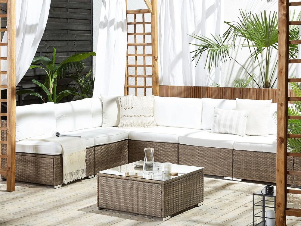 Lauko baldų komplektas Beliani Sodo kampinė sofa su staliuku 6 asmenims BELVEDERE Baltas technoratanas