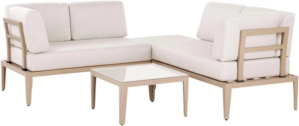 Lauko baldų komplektas Beliani Sodo kampinė sofa su staliuku 6 asmenims RIMA III kairinė, šviesiai smėlio spalvos