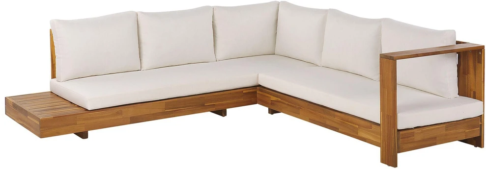 Lauko baldų komplektas Beliani Sodo kampinė sofa 5 asmenims MARETTIMO kairinė, kreminė balta, sertifikuota akacijos mediena