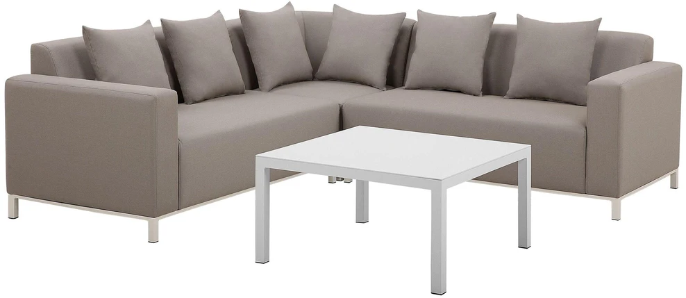 Beliani Sodo kampinė sofa su staliuku 5 asmenims BELIZE dešininė smėlio spalvos modulinė