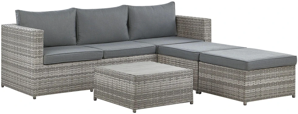 Lauko baldų komplektas Beliani Sodo kampinė sofa su staliuku 5 asmenims SABBIA modulinė iš dirbtinio ratano dešininė šviesiai pilka