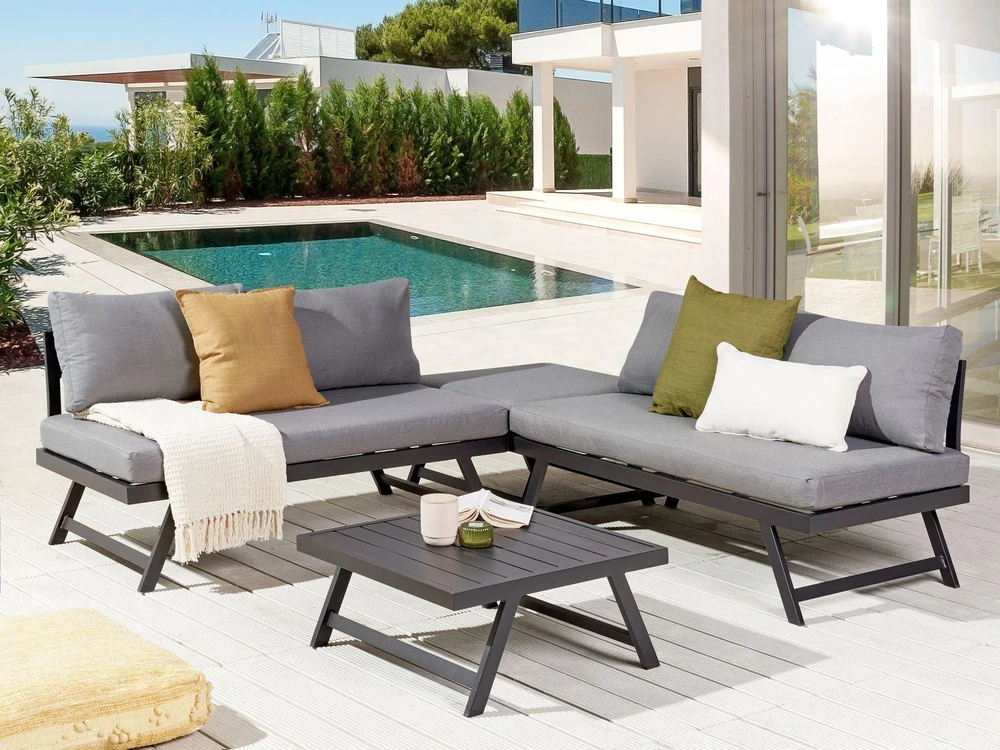 Lauko baldų komplektas Beliani Sodo kampinė sofa su staliuku 5 asmenims COCCORINO pilka, metalinė
