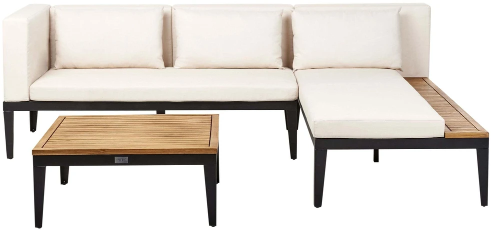 Lauko baldų komplektas Beliani Sodo kampinė sofa su staliuku 3 asmenims BRACCIANO kairinė, šviesiai smėlio spalvos, sertifikuota akacijos mediena