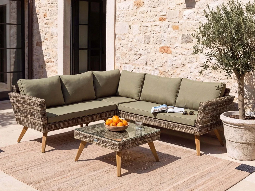 Lauko baldų komplektas Beliani Sodo kampinė sofa su staliuku 6 asmenims VITTORIA iš technorattano, alyvuogių spalvos