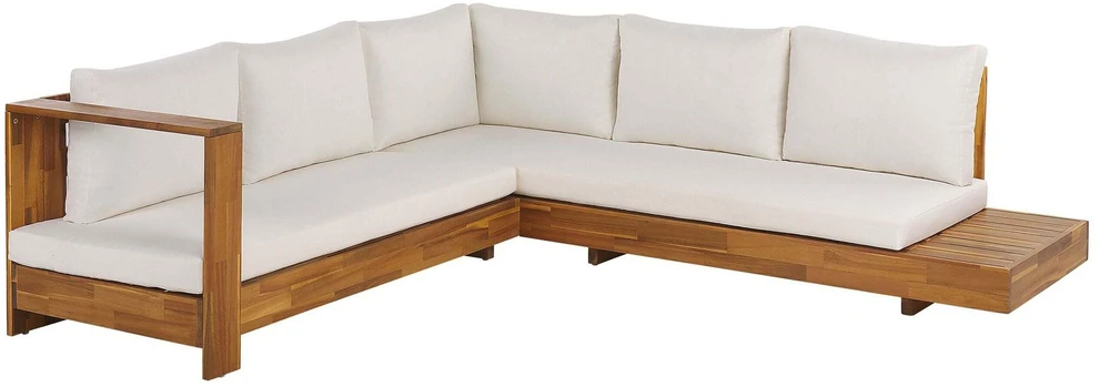Lauko baldų komplektas Beliani Sodo kampinė sofa 5 asmenims MARETTIMO dešininė, kreminė balta, sertifikuota akacijos mediena