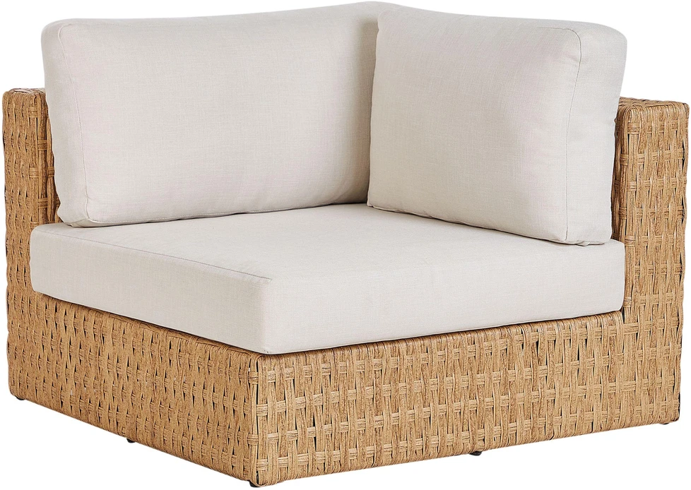 Lauko baldų komplektas Beliani Sodo kampinė sofa su staliuku 4 asmenims OLIVERI Kairinė Smėlio spalvos dirbtinis ratanas