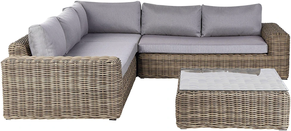Lauko baldų komplektas Beliani Sodo kampinė sofa su pufu 6 asmenims PALERMO šviesiai ruda technorattanas, modulinė