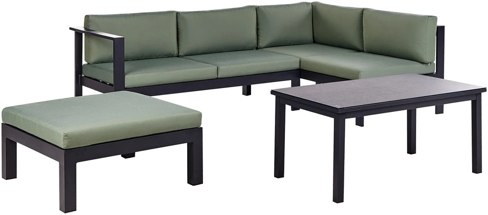 Lauko baldų komplektas Beliani Sodo kampinė sofa su staliuku 5 asmenims MESSINA kairinė žalia metalinė