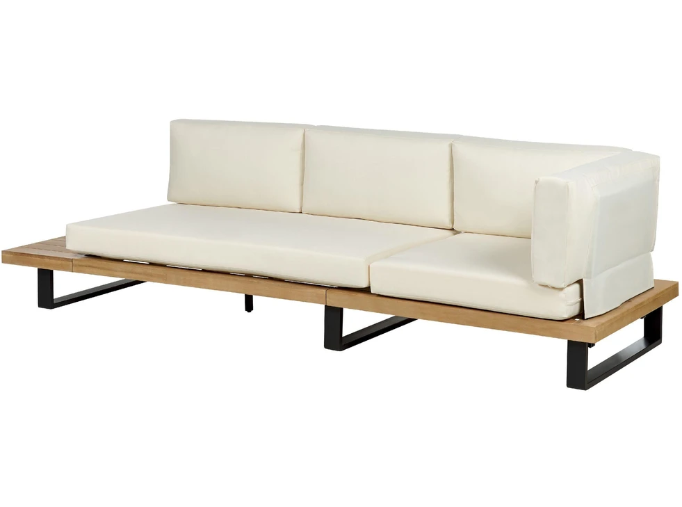 Lauko baldų komplektas Beliani Sodo kampinė sofa su staliuku 5 asmenims MYKONOS dešininė, kreminės spalvos, sertifikuota akacijos mediena