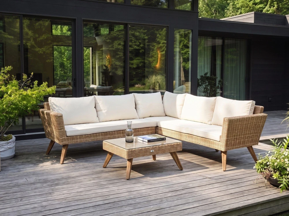 Lauko baldų komplektas Beliani Sodo kampinė sofa su staliuku 6 asmenims VITTORIA technoratanas, kreminė balta