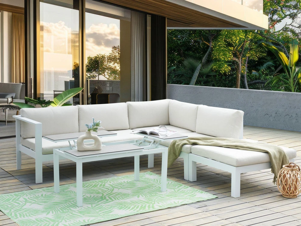 Lauko baldų komplektas Beliani Sodo kampinė sofa su staliuku 5 asmenims MESSINA kairinė, balta, metalinė