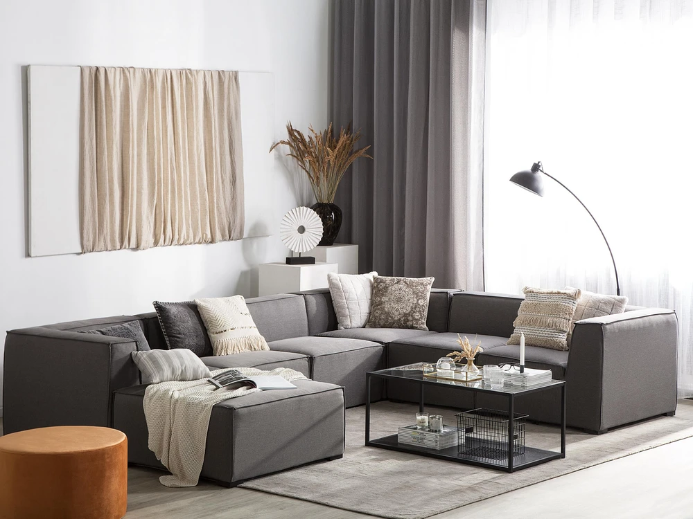 Lauko baldų komplektas Beliani Sodo kampinė sofa su otomane 7 asmenims AREZZO Modulinė Dešininė Pilka