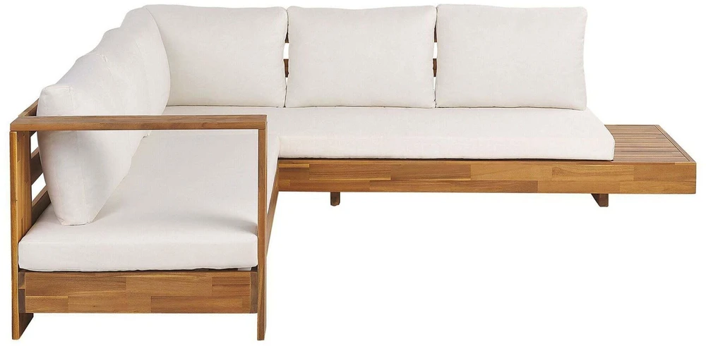 Lauko baldų komplektas Beliani Sodo kampinė sofa 5 asmenims MARETTIMO dešininė, kreminė balta, sertifikuota akacijos mediena