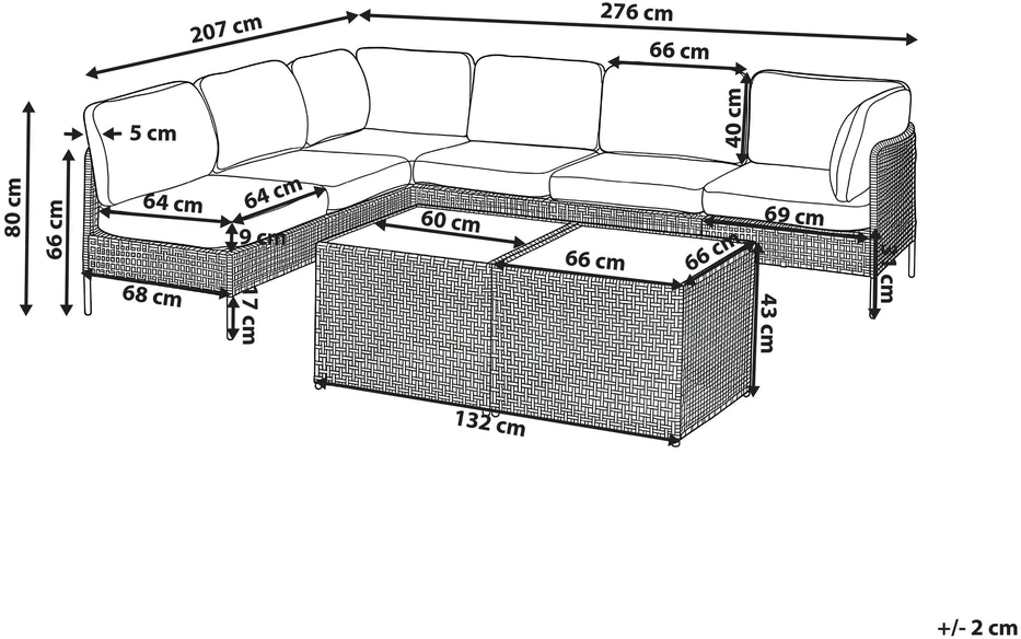 Lauko baldų komplektas Beliani Sodo kampinė sofa su staliuku 6 asmenims OMEGANA šviesiai smėlio spalvos iš technoratano, modulinė