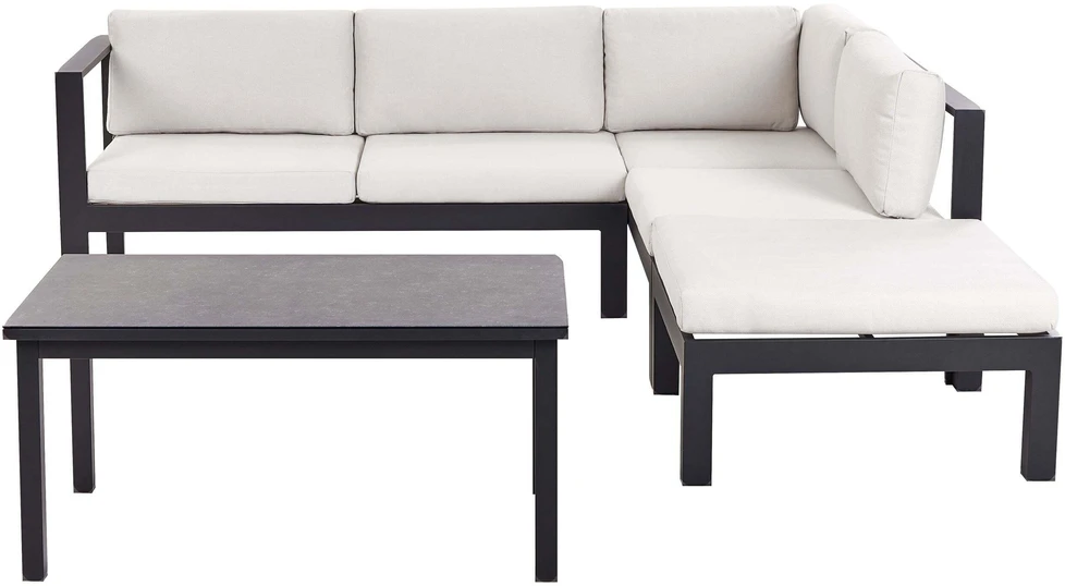 Lauko baldų komplektas Beliani Sodo kampinė sofa su staliuku 5 asmenims MESSINA kairinė, balta, metalinė