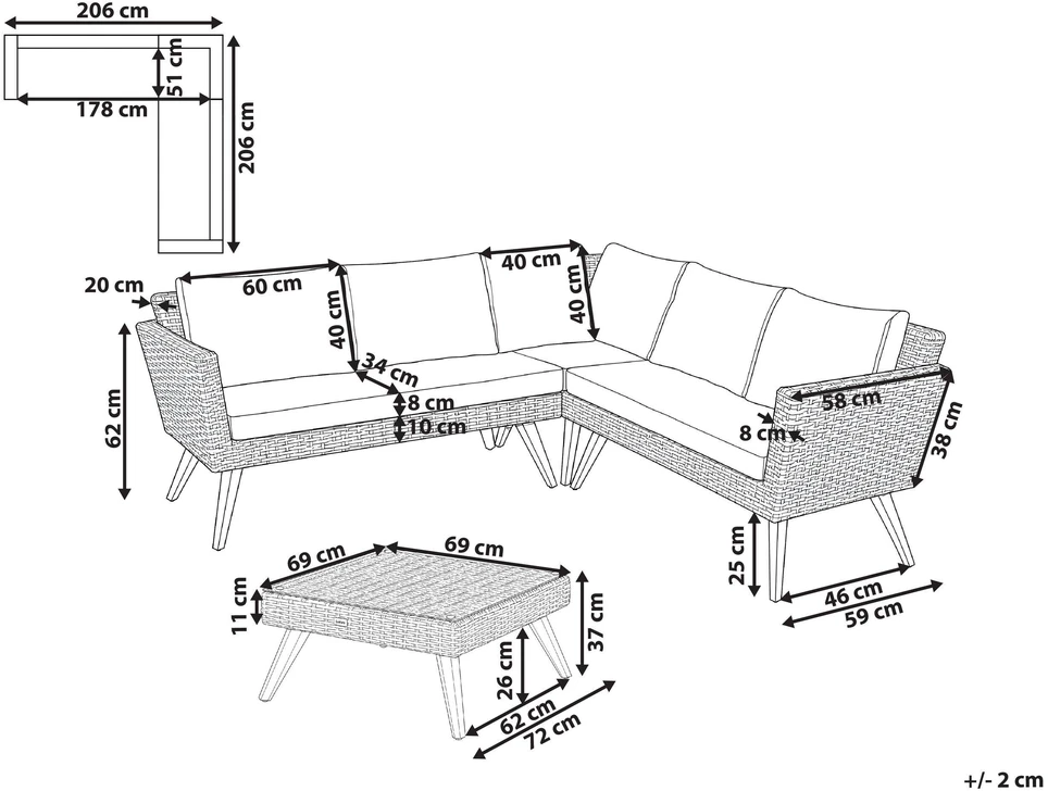 Lauko baldų komplektas Beliani Sodo kampinė sofa su staliuku 6 asmenims VITTORIA technoratanas, kreminė balta