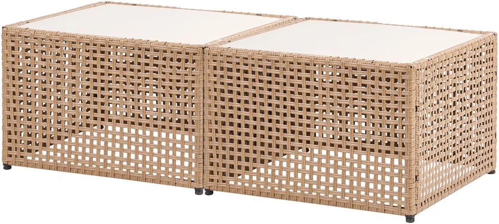 Lauko baldų komplektas Beliani Sodo kampinė sofa su staliuku 6 asmenims OMEGANA šviesiai smėlio spalvos iš technoratano, modulinė