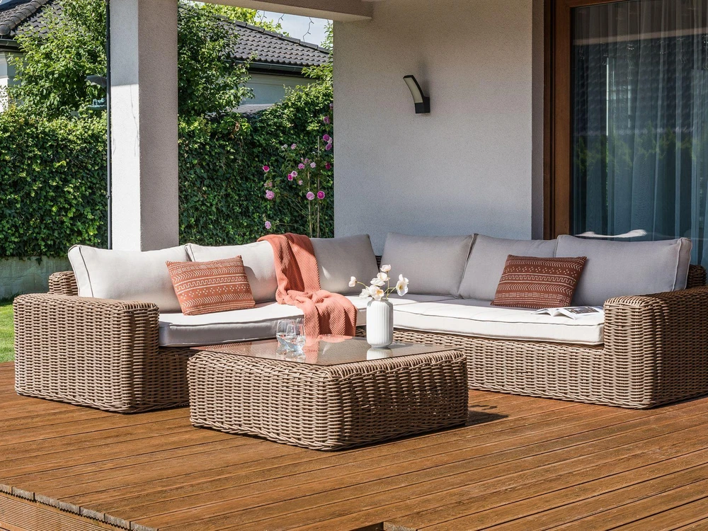 Lauko baldų komplektas Beliani Sodo kampinė sofa su otomane 6 asmenims PALERMO, ruda, technoratanas, modulinė
