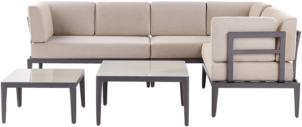 Lauko baldų komplektas Beliani Sodo kampinė sofa su staliuku 6 asmenims RIMA III kairinė smėlio spalvos metalinė modulinė