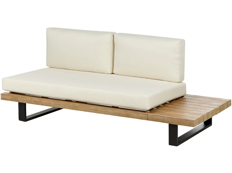 Lauko baldų komplektas Beliani Sodo kampinė sofa su staliuku 5 asmenims MYKONOS dešininė, kreminės spalvos, sertifikuota akacijos mediena