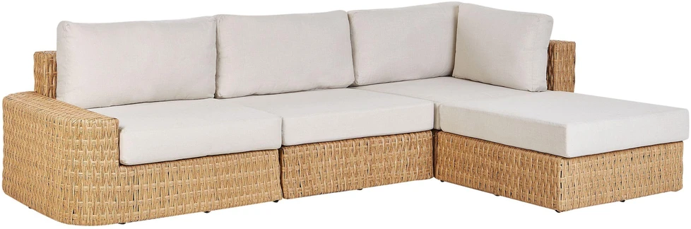 Lauko baldų komplektas Beliani Sodo kampinė sofa su staliuku 4 asmenims OLIVERI Kairinė Smėlio spalvos dirbtinis ratanas