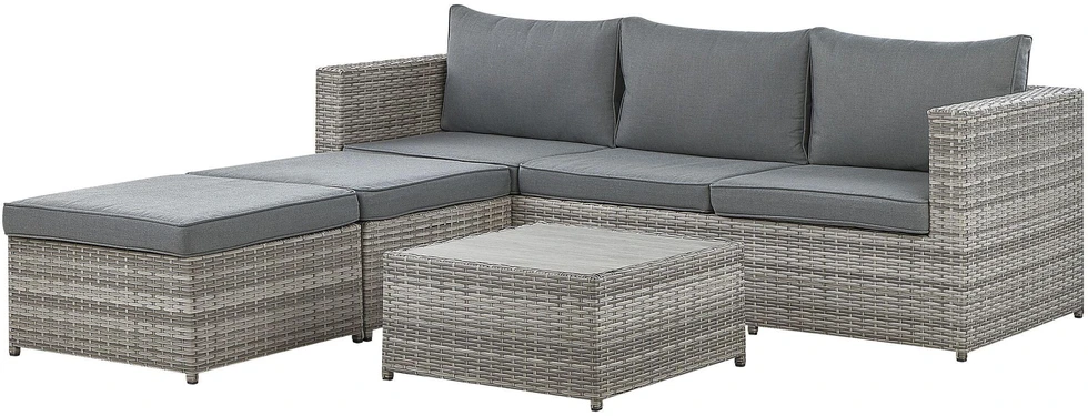 Lauko baldų komplektas Beliani Sodo kampinė sofa su staliuku 5 asmenims SABBIA Modulinis technoratanas Kairinis Šviesiai pilkas