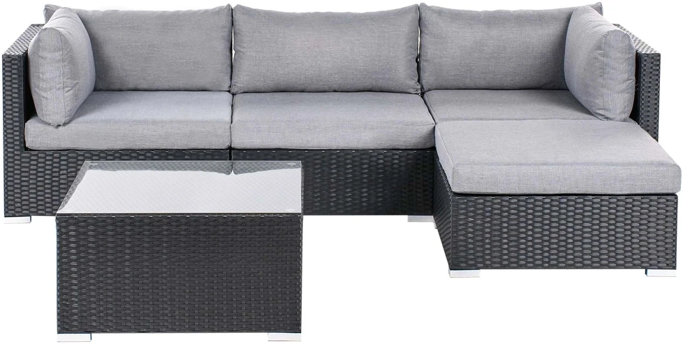Lauko baldų komplektas Beliani Sodo kampinė sofa su staliuku 4 asmenims SANO kairinė, juodos spalvos technoratanas