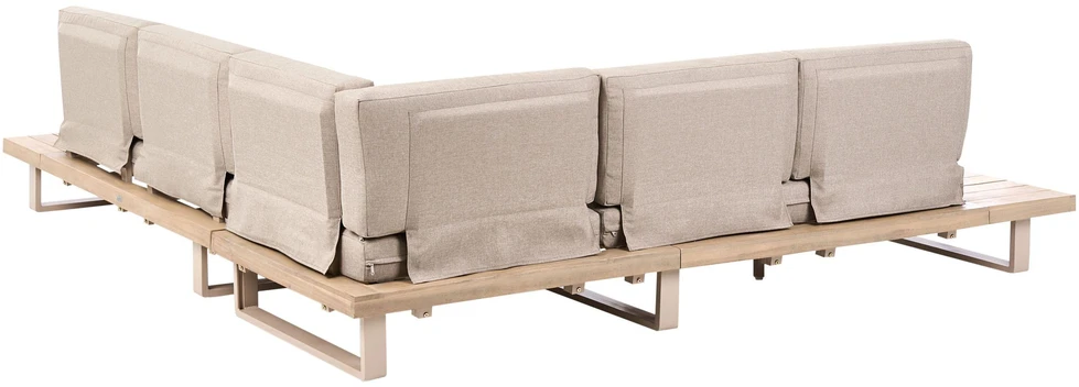 Lauko baldų komplektas Beliani Sodo kampinė sofa su staliuku 5 asmenims MYKONOS, sertifikuota akacijos mediena, smėlio ir pilkos spalvos, dešininė