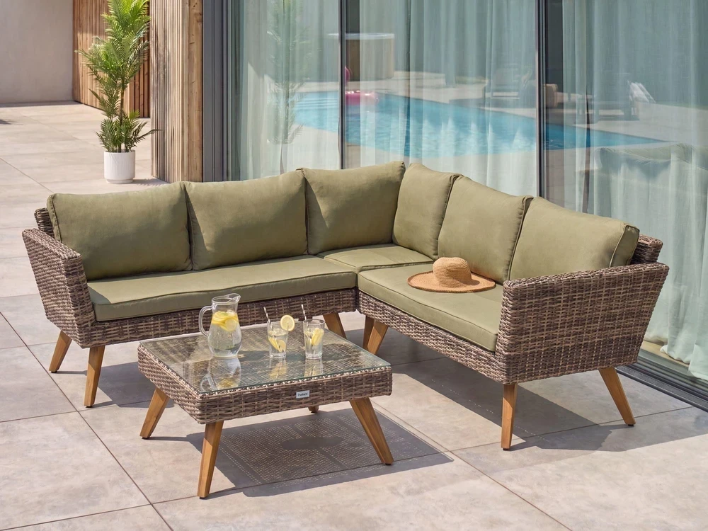 Lauko baldų komplektas Beliani Sodo kampinė sofa su staliuku 6 asmenims VITTORIA iš technorattano, alyvuogių spalvos