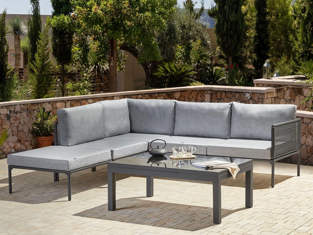 Lauko baldų komplektas Beliani Sodo kampinė sofa su staliuku 6 asmenims FORANO pilka metalinė