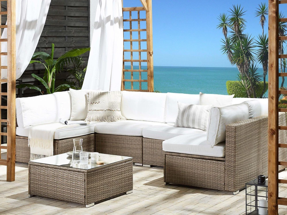 Lauko baldų komplektas Beliani Sodo kampinė sofa su staliuku 6 asmenims BELVEDERE Baltas technoratanas