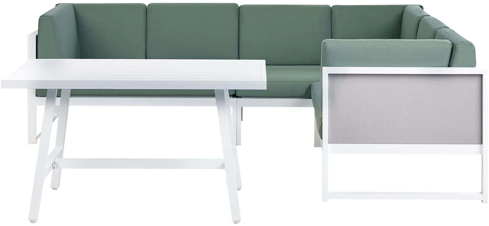 Lauko baldų komplektas Beliani Sodo kampinė sofa su stalu 6 asmenims CASTELLA/FRATTE kairinė, žalia, metalinė