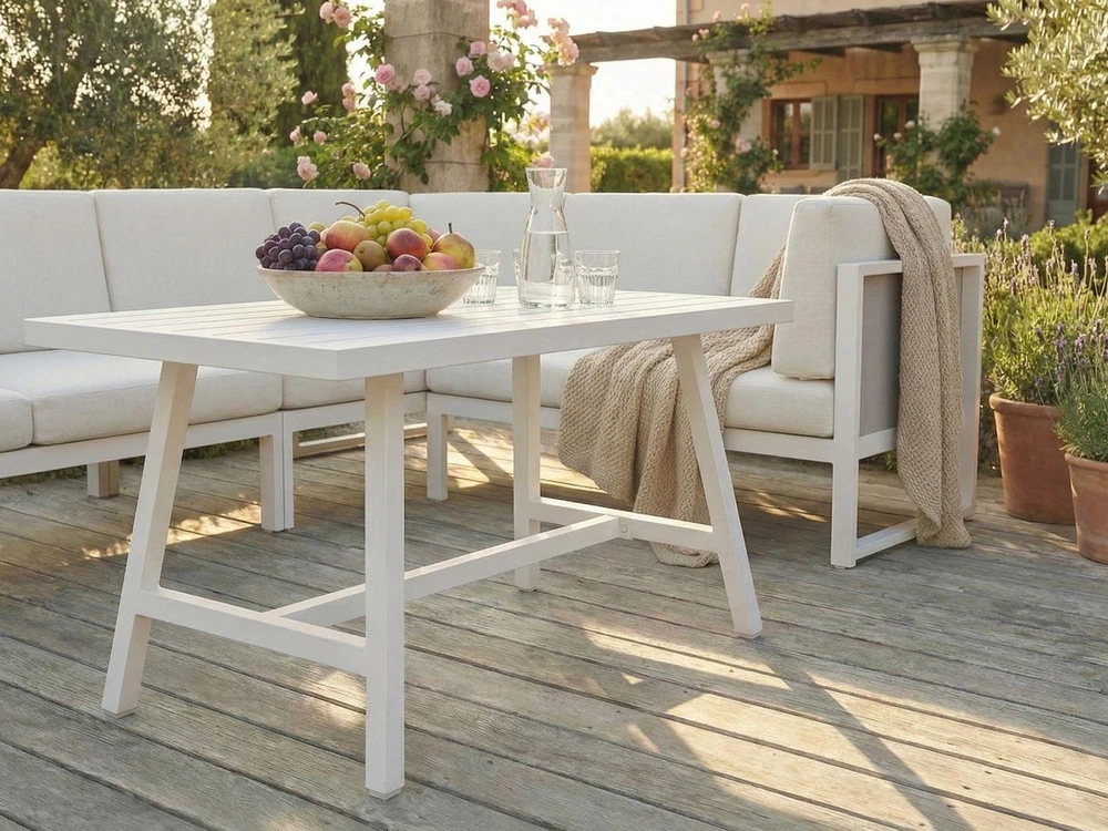 Lauko baldų komplektas Beliani Sodo kampinė sofa su stalu 6 asmenims CASTELLA/FRATTE kairinė, kreminė balta, metalinė