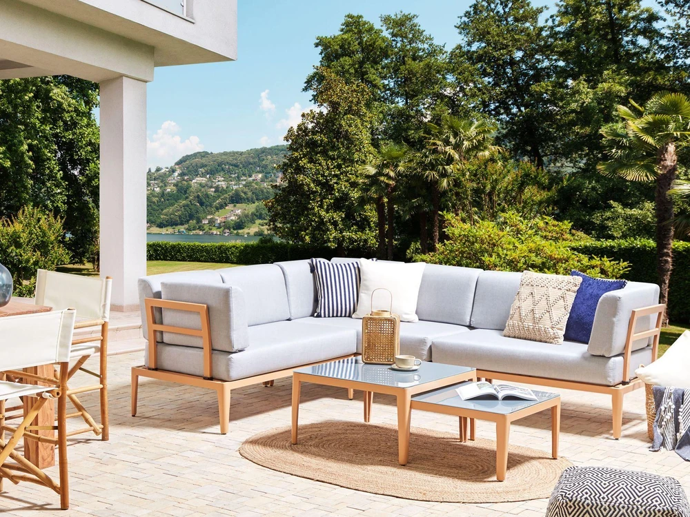 Lauko baldų komplektas Beliani Sodo kampinė sofa su staliuku 6 asmenims RIMA III kairinė, pilka, metalinė, modulinė