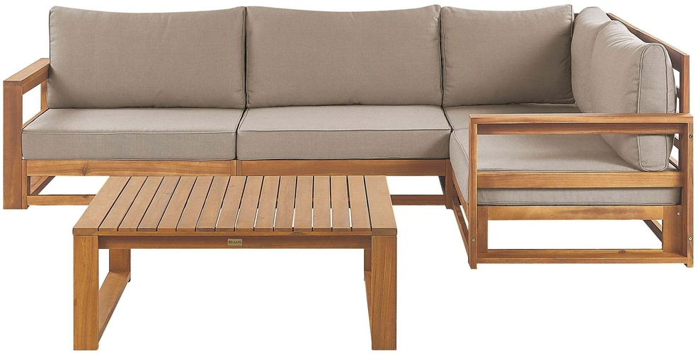 Lauko baldų komplektas Beliani Sodo kampinė sofa su staliuku 4 asmenims TIMOR kairinė šviesiai ruda, sertifikuota akacijos mediena, modulinė