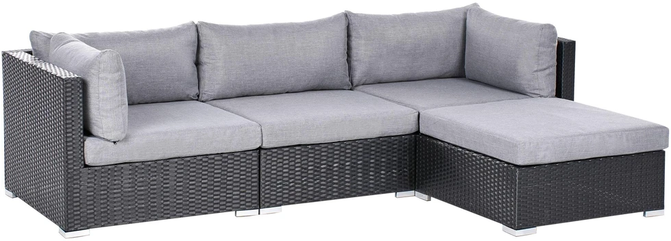 Lauko baldų komplektas Beliani Sodo kampinė sofa su staliuku 4 asmenims SANO kairinė, juodos spalvos technoratanas