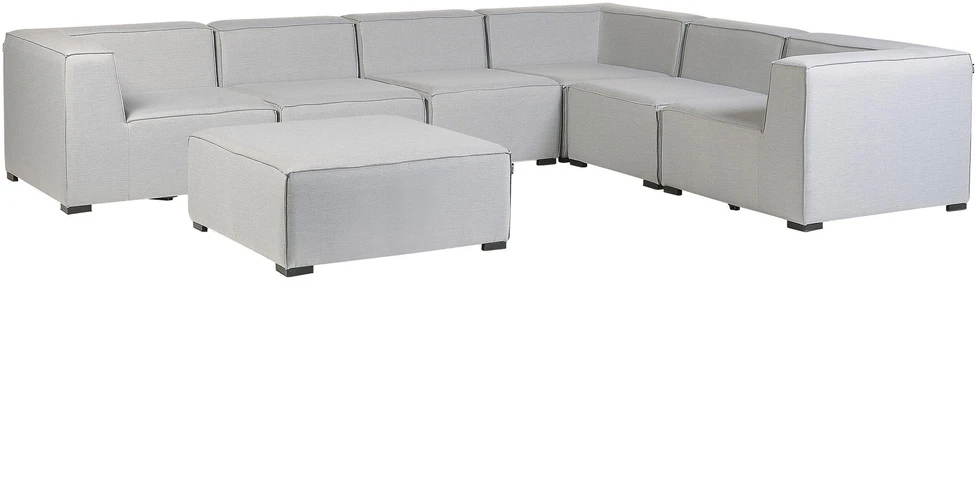 Lauko baldų komplektas Beliani Sodo kampinė sofa su pufu 7 asmenims AREZZO kairinė šviesiai pilka modulinė
