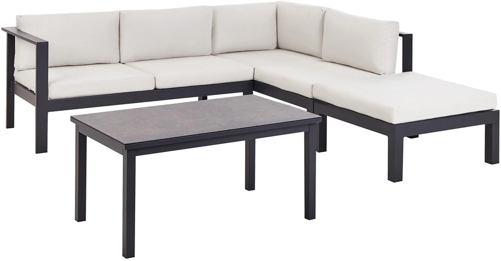 Lauko baldų komplektas Beliani Sodo kampinė sofa su staliuku 5 asmenims MESSINA kairinė, balta, metalinė
